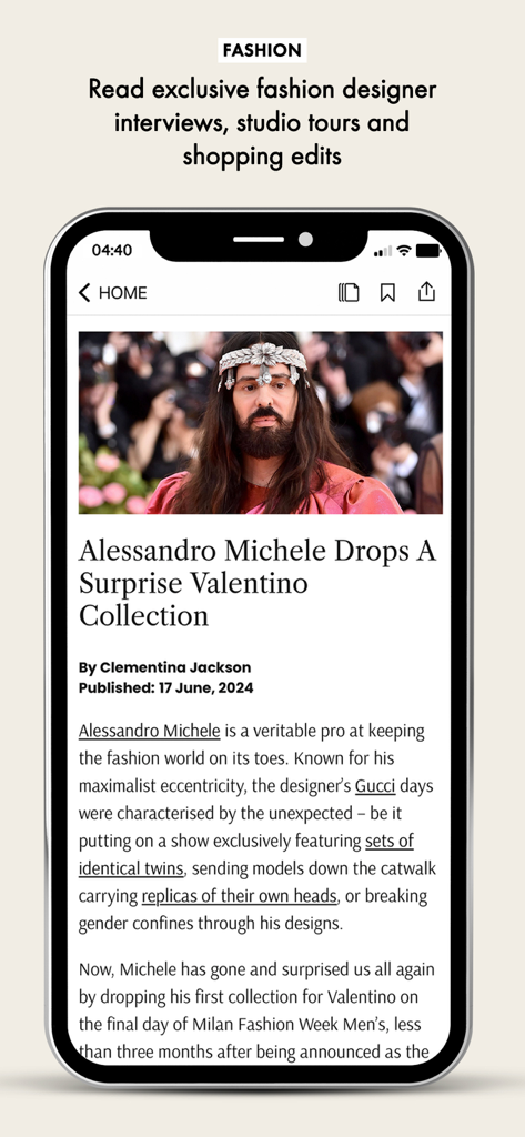 Mobile screen of ELLE UK app featuring a fashion article about Alessandro Michele