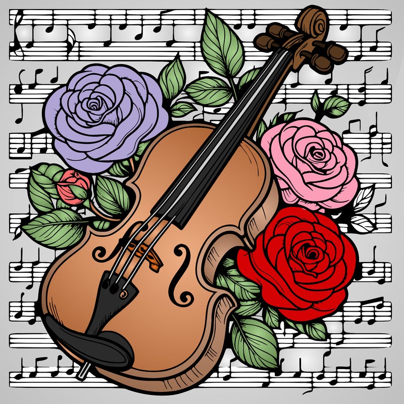 violin with roses on realistic on music paper 🎶