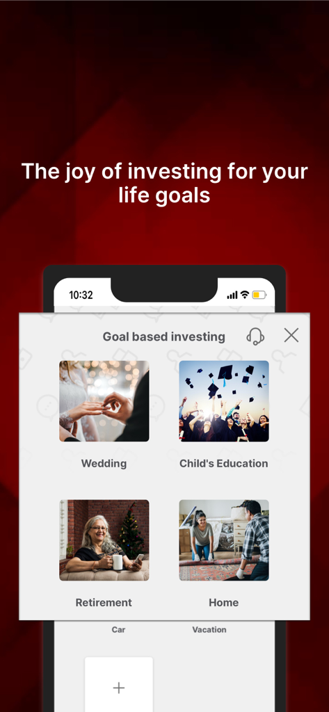 Tela de investimento com base em metas no aplicativo IDFC FIRST Bank para eventos de vida como casamento e aposentadoria