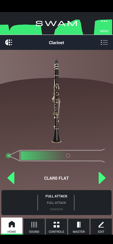SWAM Clarinet - SWAM Clarinet app home interface showing a virtual clarinet and expression controls