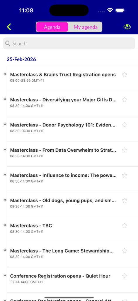 Interface of the FIA Conference 2026 app displaying the daily agenda with a list of masterclasses and registration times