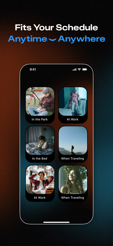 ChatMind: AI Therapist - ChatMind app interface showing therapy availability in different daily scenarios like work home and travel