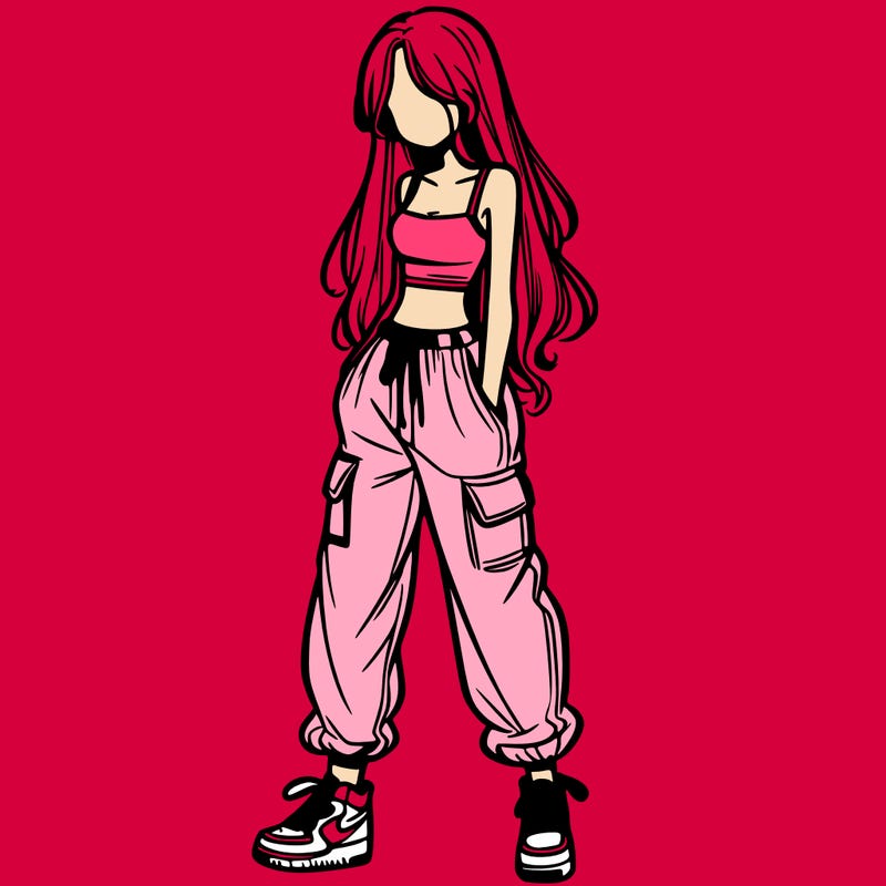girl in baggy pants crop top and long hair