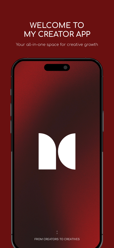Splash screen of My Creator App featuring a minimalist logo and the tagline your all in one space for creative growth