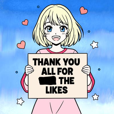 anime girl with bob cut  smiling while ￼holding a sign that says thank you all for the likes