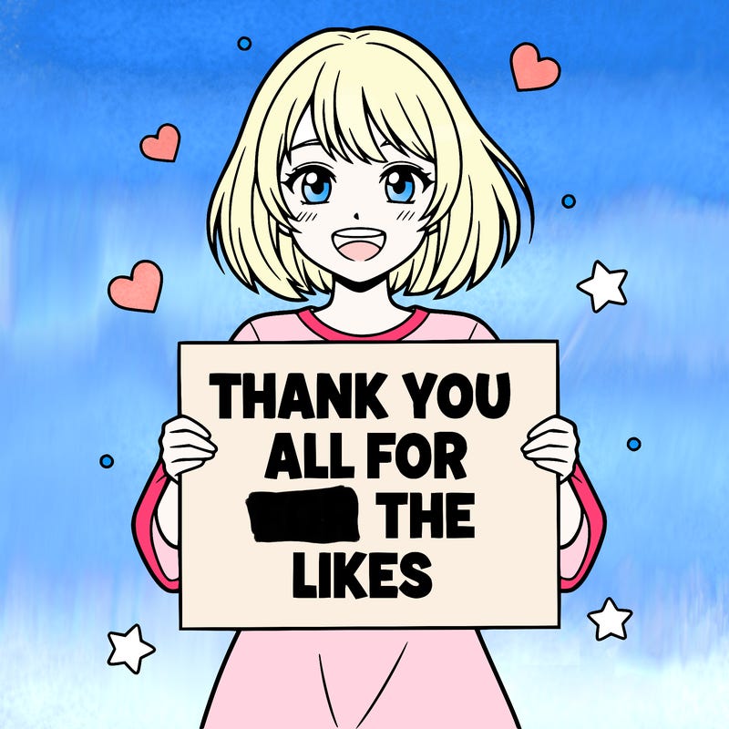 anime girl with bob cut  smiling while ￼holding a sign that says thank you all for the likes