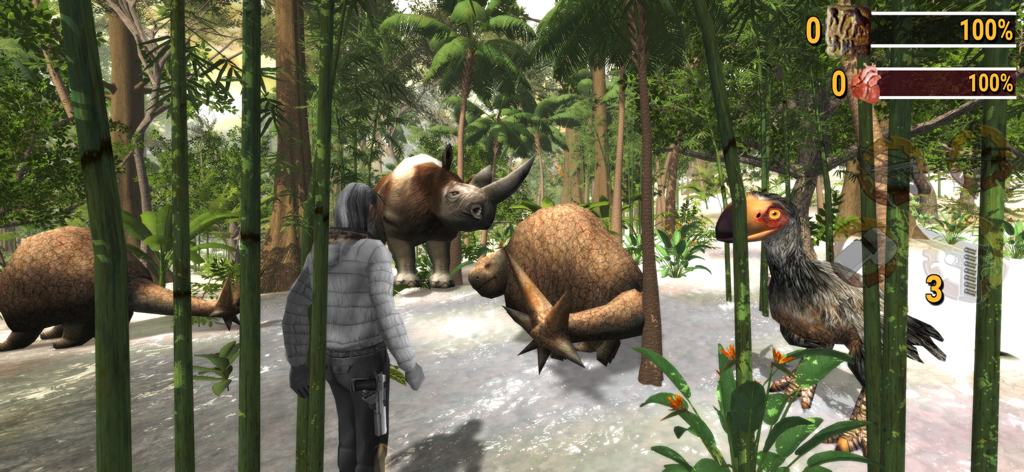 Ice Age Hunter: Evolution-U - A third-person gameplay scene from Ice Age Hunter showing a character surrounded by prehistoric animals like a wooly rhino and giant birds in a bamboo forest