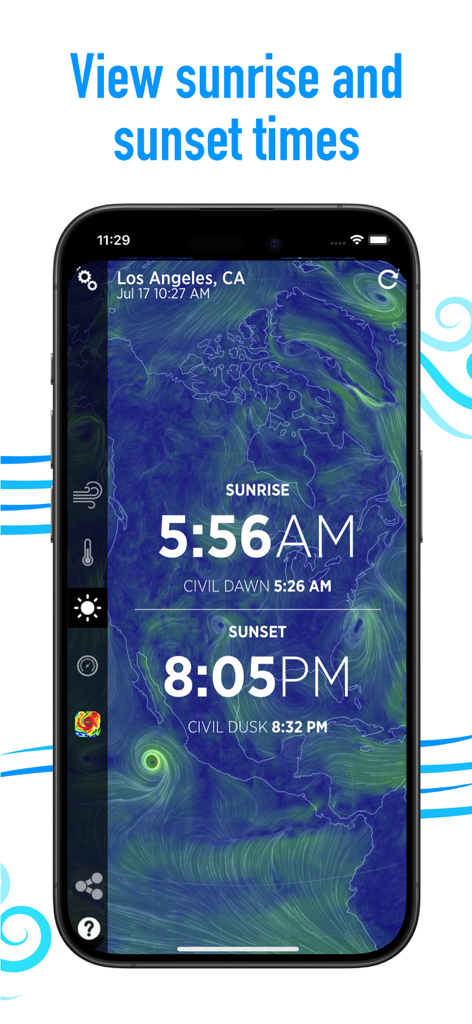 Application Wind Compass affichant les heures de lever et de coucher du soleil avec une carte de flux de vent en arrière-plan pour Los Angeles