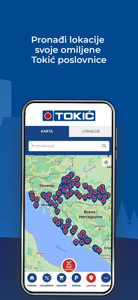 Tokić - A mobile screen showing the Tokić app store locator with a map featuring numerous service branch locations across Croatia and neighboring regions.