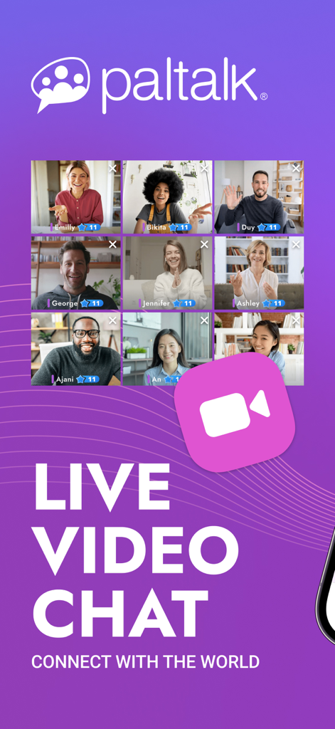 Paltalk: Chat, Meet New People - Paltalkアプリのインターフェース。複数の人々が画面に表示されているライブグループビデオチャットを示しています。