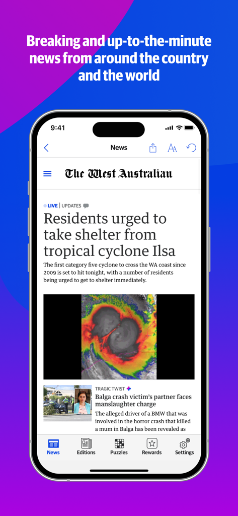 The West Australian app interface displaying a breaking news article about a tropical cyclone