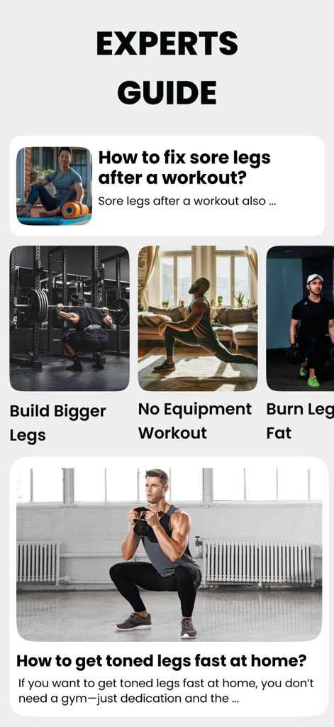 Leg Workouts & Butt Workout - La pantalla de guía experta de la aplicación Leg Workouts y Butt Workout que presenta artículos sobre recuperación y consejos de entrenamiento en casa.