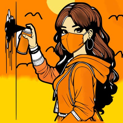 realistic girl with mask spray painting a wall