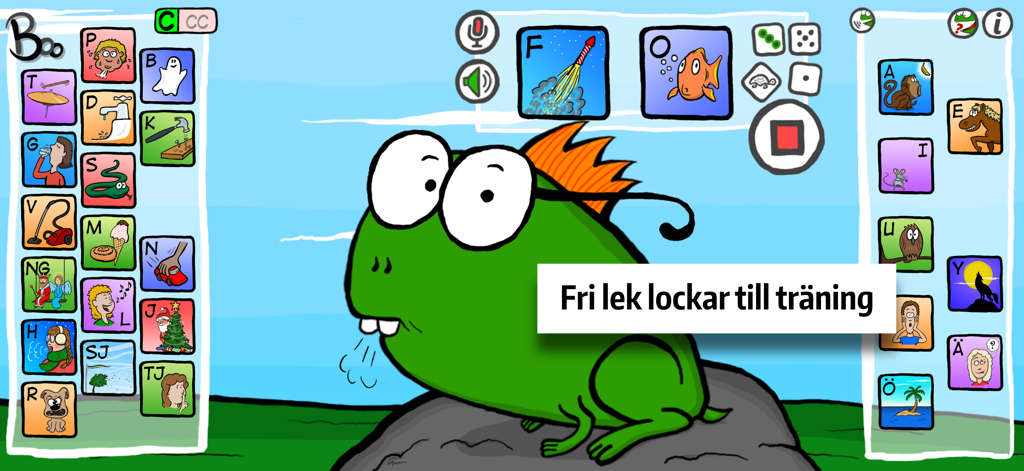 Ljuda med Boo! - Pantalla principal de la aplicación Ljuda med Boo con un personaje de dibujos animados verde y varios iconos de sonidos fonéticos suecos para el entrenamiento del habla.