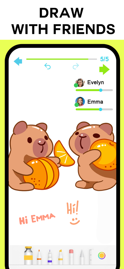 Drawing Vibe: Learn to draw - A live collaborative drawing session on Drawing Vibe showing two friends creating cute bear illustrations together