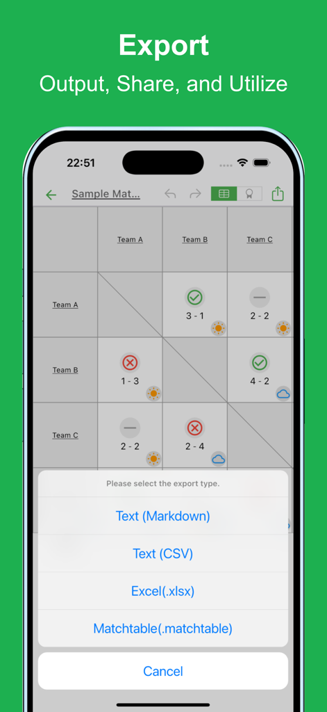 Simple MatchTable - Mobile app screen showing export options for sports match results including CSV and Excel formats