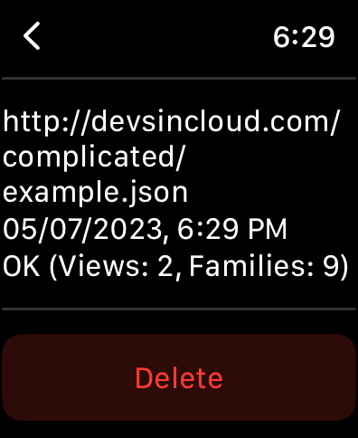 Complicated - complications - Apple Watch app screen displaying a registered JSON file URL for custom complications