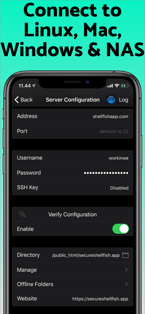 Secure ShellFish app screen showing SSH server configuration settings for connecting to remote servers