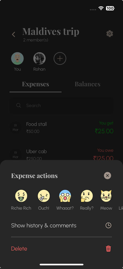 Splitz: Track & Split Expenses - Interfaz de la app Splitz que muestra acciones de gastos y costos compartidos para un viaje grupal a las Maldivas.