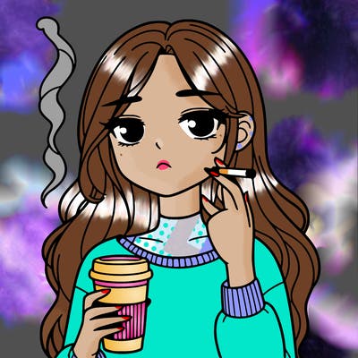 girl with long hair and a coffe in her hand with a cigarrete