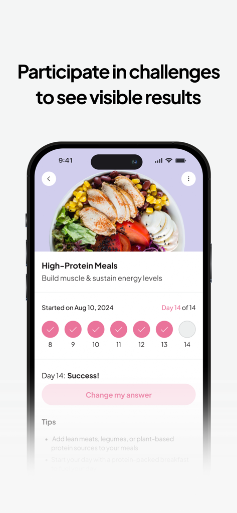 Interface de l'application Nordletics montrant les progrès d'un défi de repas riches en protéines de 14 jours et des conseils d'alimentation saine