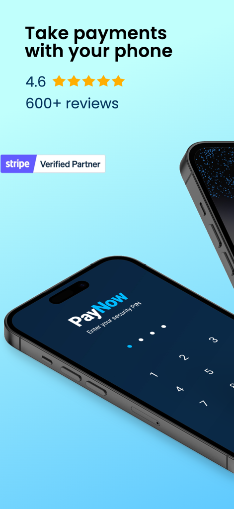 PayNow for Stripe - PayNow for Stripe app interface on iPhone displaying the PIN entry screen and Stripe Verified Partner logo.