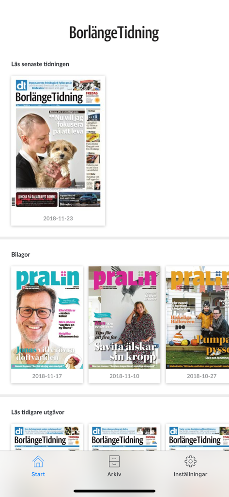 Borlänge Tidning e-tidning - Screenshot of the Borlange Tidning e-tidning app home screen showing current news editions and lifestyle supplements
