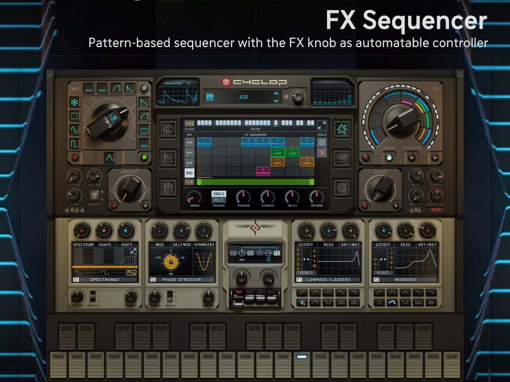 FX Sequencer interface of the Cyclop for iPad synthesizer featuring a pattern-based grid and automatable knobs.