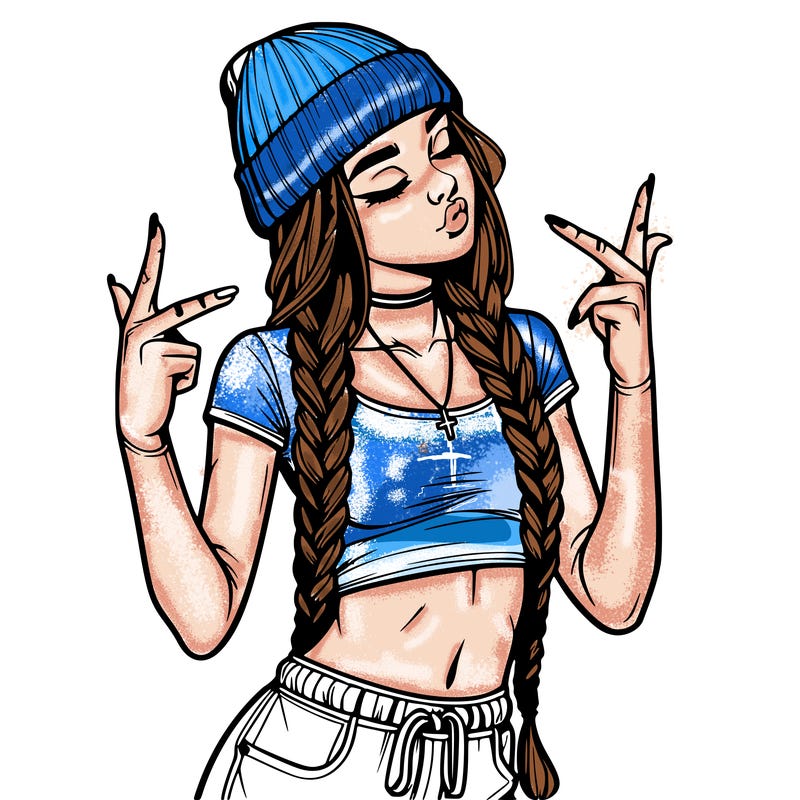 realistic teenage girl with braids and a beanie and crop top doing 🫶🏼