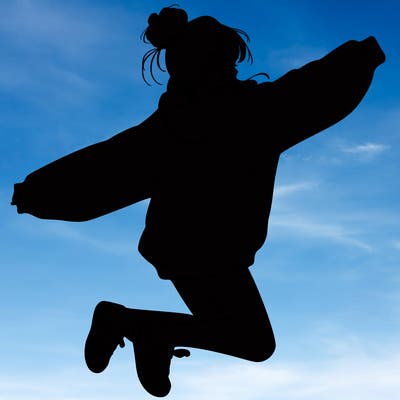 realistic girl jumping with a bun and oversized sweatshirt