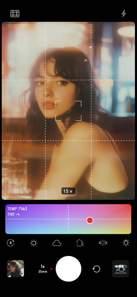 FilmRoll - Film Camera Recipe - FilmRoll camera interface showing manual white balance temperature and tint adjustments