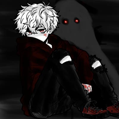 a male hoddie ripped jeans messy hair anime