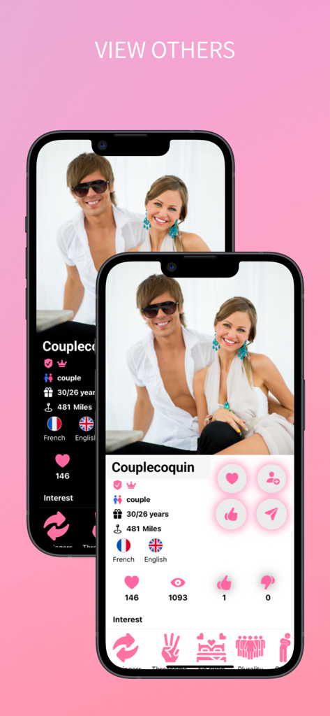 Screenshot of a verified couple profile on SwingApp showing age location and interests