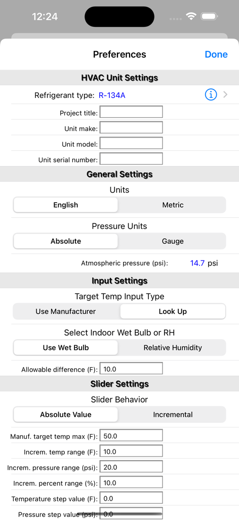 HVAC RefCharge - Preferences screen in the HVAC RefCharge app showing settings for refrigerant type unit details and measurement units