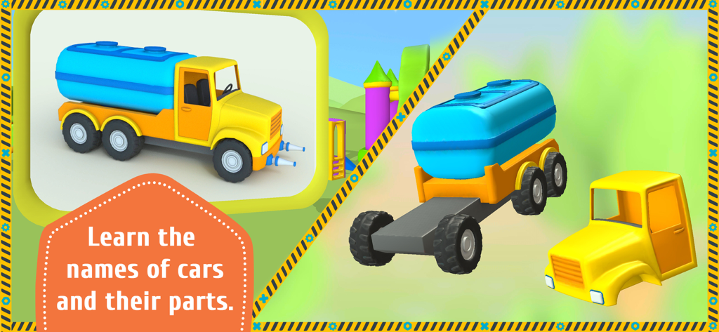 Educational game screen showing a water truck and its assembly parts for toddlers to learn vehicle names.