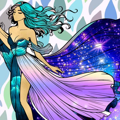 realistic woman in dress flowing the the wind