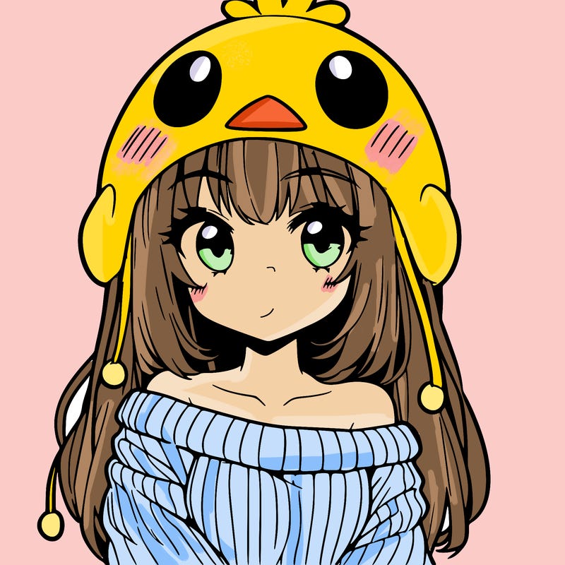 anime girl with chick shaped hat with sweater with bare shoulders with bangs covering them one eye with low tail