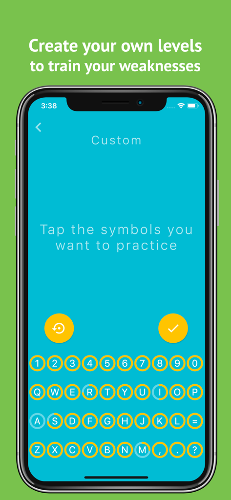 Morse Mania: Learn Morse Code - Interface of Morse Mania app showing the custom level selection screen to practice specific letters and numbers.