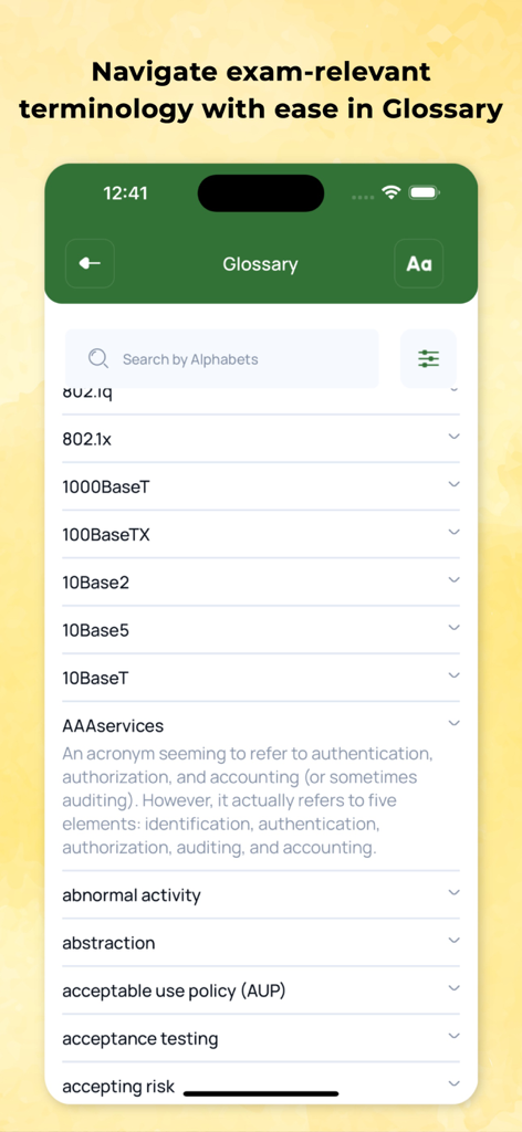 Glossary screen in the ISC2 official app displaying a list of searchable cybersecurity exam terms and definitions.