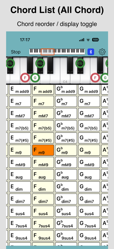 Chords Pad - A screenshot of the Chords Pad app showing a grid of various musical chords and a piano keyboard highlighting specific chord tones.