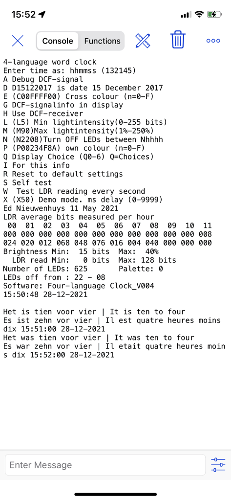 BLESerial HM-10 - Console interface of the BLESerial app displaying serial terminal data from a hardware project.