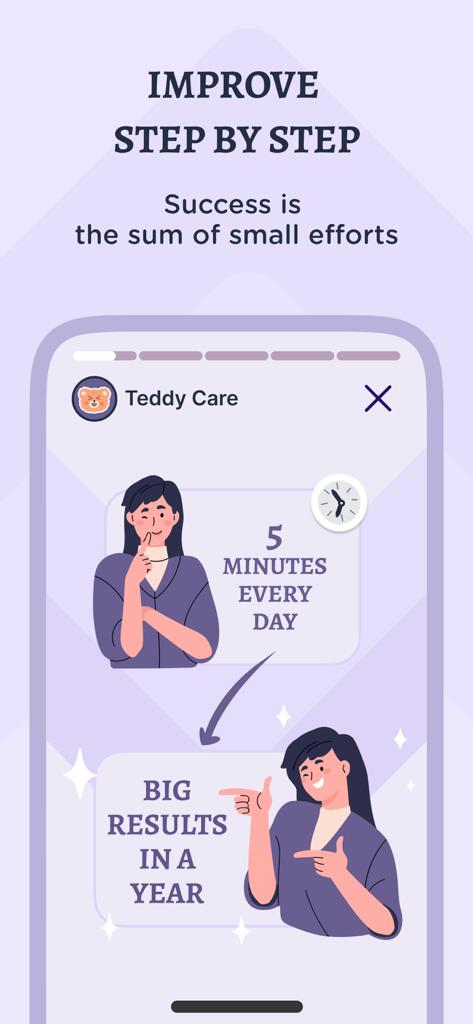TeddyCare app screen showing that small daily efforts lead to big results in a year.