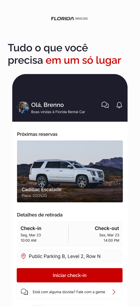 Tela do aplicativo Florida Rental Car exibindo uma reserva futura para um Cadillac Escalade com detalhes de retirada e um botão de check-in por celular.