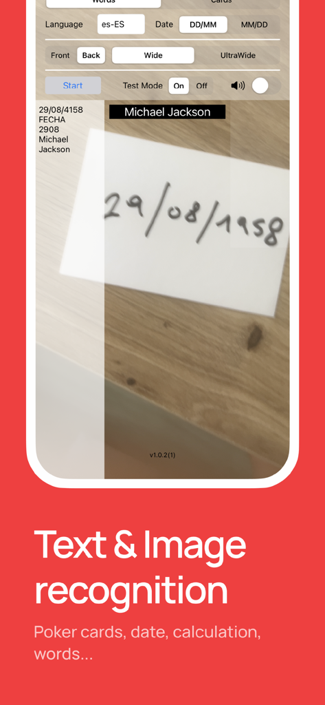CardPhone - CardPhone app interface showing text and image recognition of a handwritten name and date
