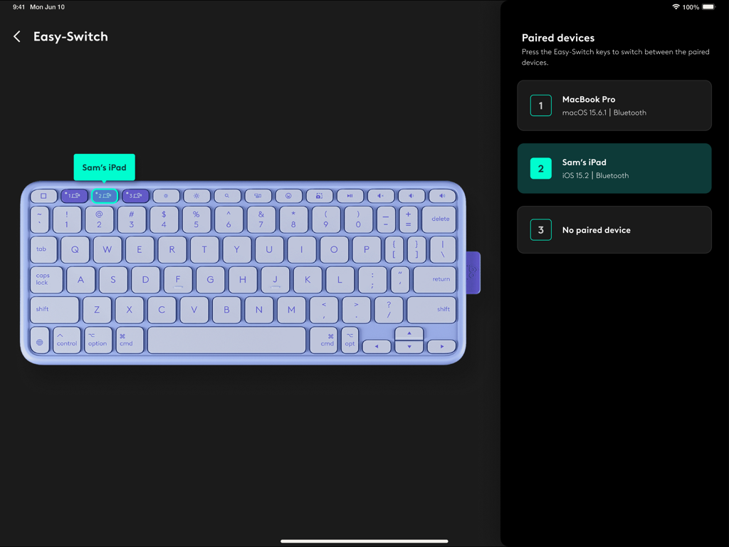 Logi Options+ Mobile - Aplicación Logi Options+ Mobile mostrando la configuración de Easy-Switch para emparejar varios dispositivos a un teclado Logitech