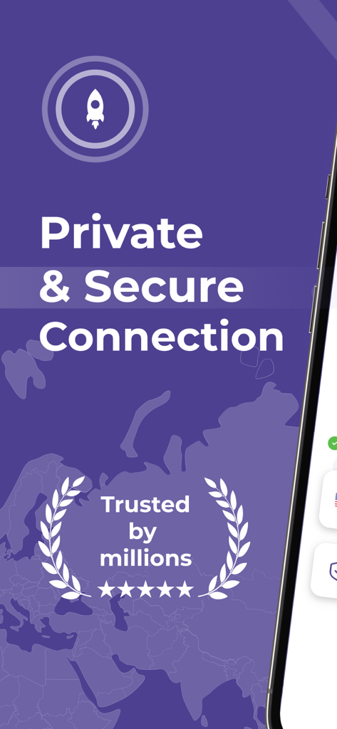 Presto VPNアプリのスクリーンショット。プライベートで安全な接続のテキストと、信頼バッジ、世界地図の背景が表示されています。