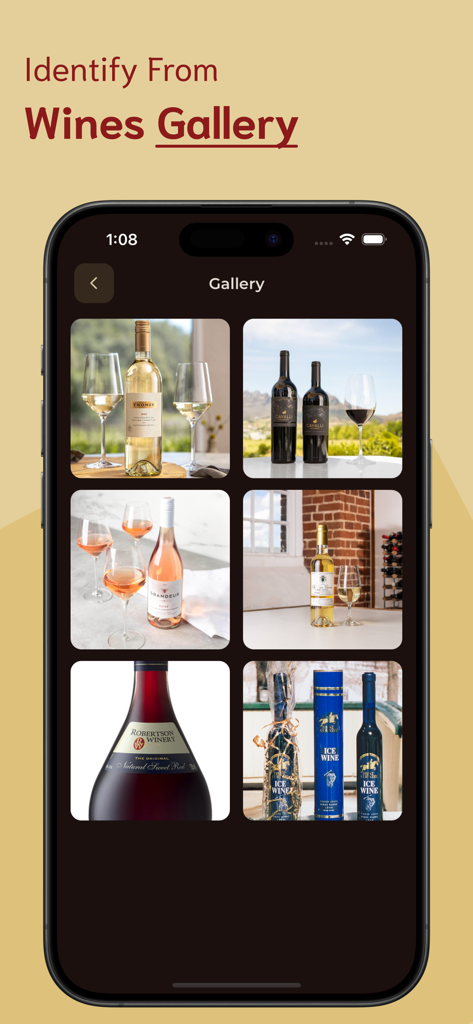 Wine Identifier - Schermata della galleria dei vini nell'app Identificatore di Vini che mostra una griglia di foto di varie bottiglie di vino per l'identificazione.