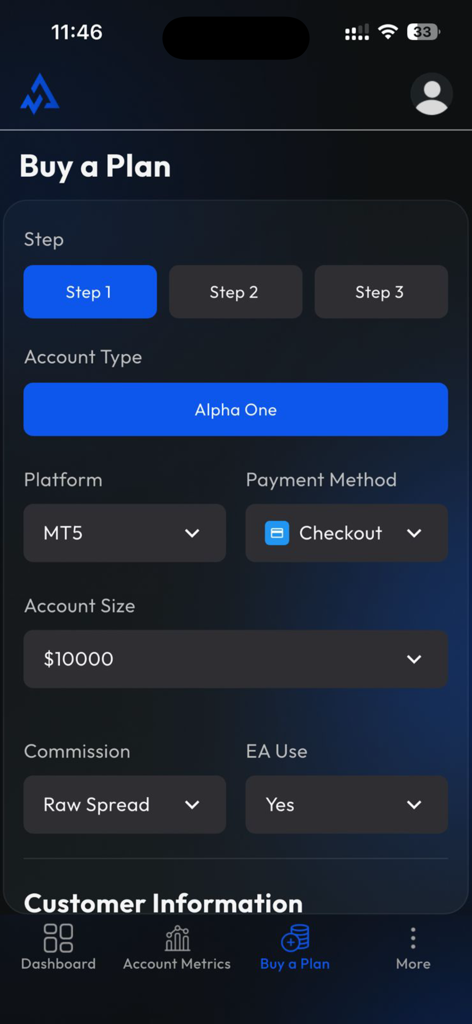 Alpha Capital Group app interface for purchasing a trading plan with options to select account size platform and commission type