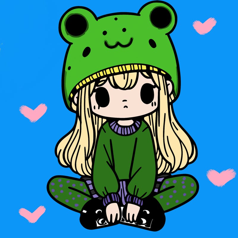 a girl wearing a frog hat and some frog socks