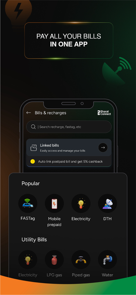 BHIM app interface for paying utility bills and mobile recharges